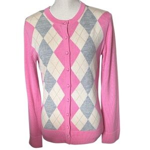 LILLY PULITIZER Argyle Pink Gray Ivory Button Sweater Merino Wool Medium